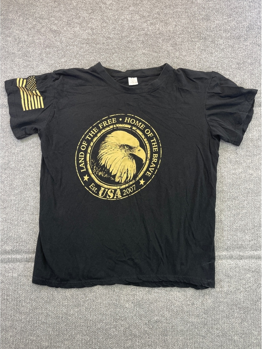 Mens Large L Land Of The Free Home Of The Brave Eagle T-Shirt Black Flag Sleeve